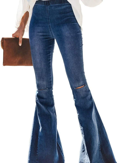 Dark Blue / M LONGBIDA Ripped Jeans Flare Leg High Waist For Women