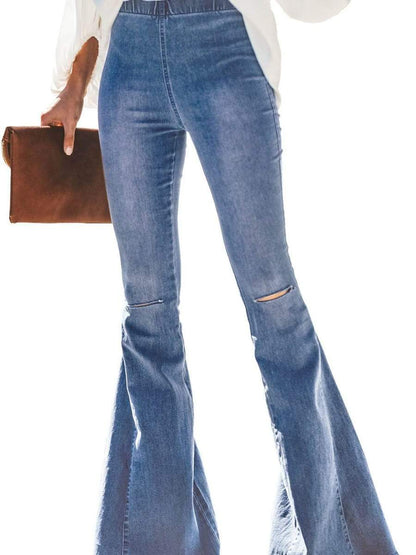 Light Blue / XL LONGBIDA Ripped Jeans Flare Leg High Waist For Women