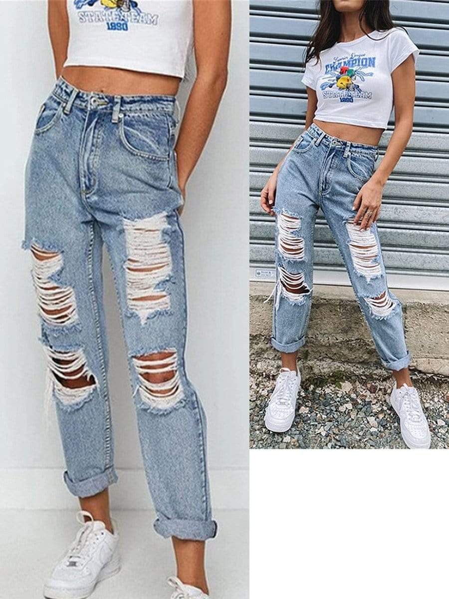 LONGBIDA Low Rise Women Ripped Jeans Mom Stretch Hole Slim Pants Street Wear