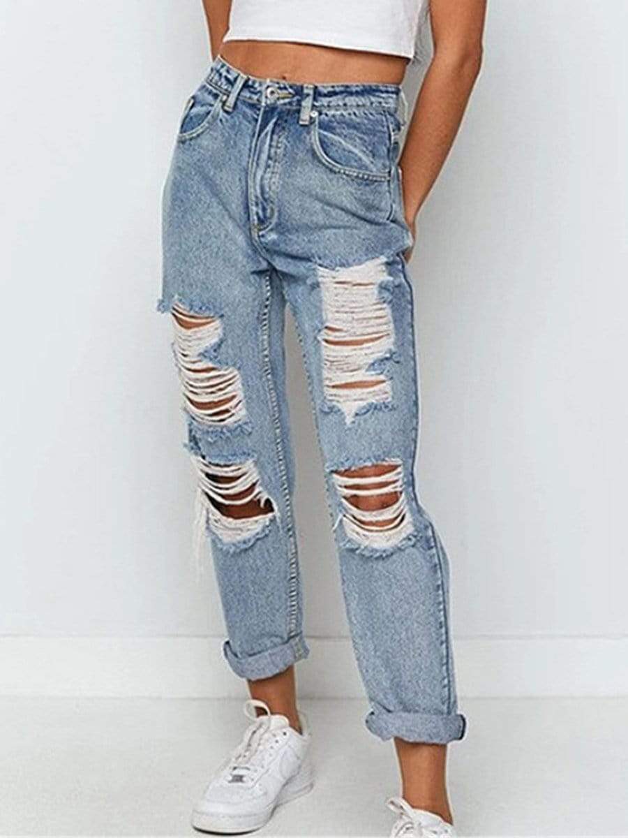 Blue / S LONGBIDA Ripped Jeans Mom Stretch Hole Slim Pants Street Wear Low Rise For Women