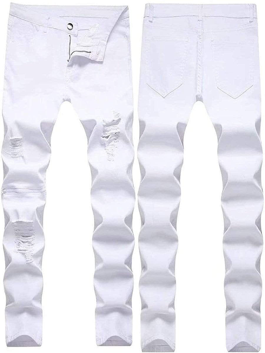 White+Ripped / 34 LONGBIDA Ripped Jeans Sale Straight Hip Hop Biker Slim Fashion For Men