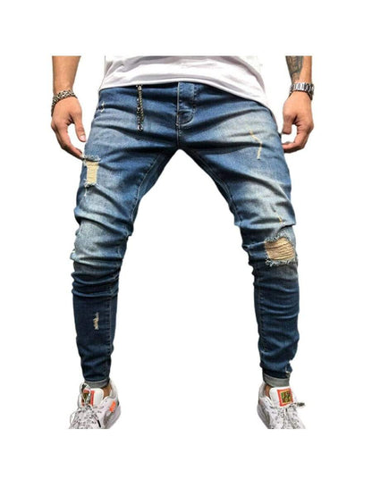 Blue / XXL LONGBIDA Ripped Jeans Skinny Fashion Distressed Stretchy Trousers For Men