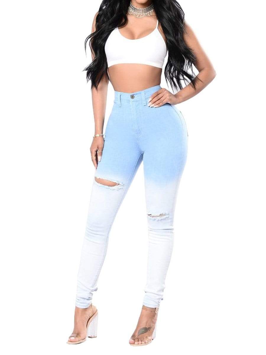 Blue / L LONGBIDA Ripped Jeans Skinny Fashion High Waist For Women