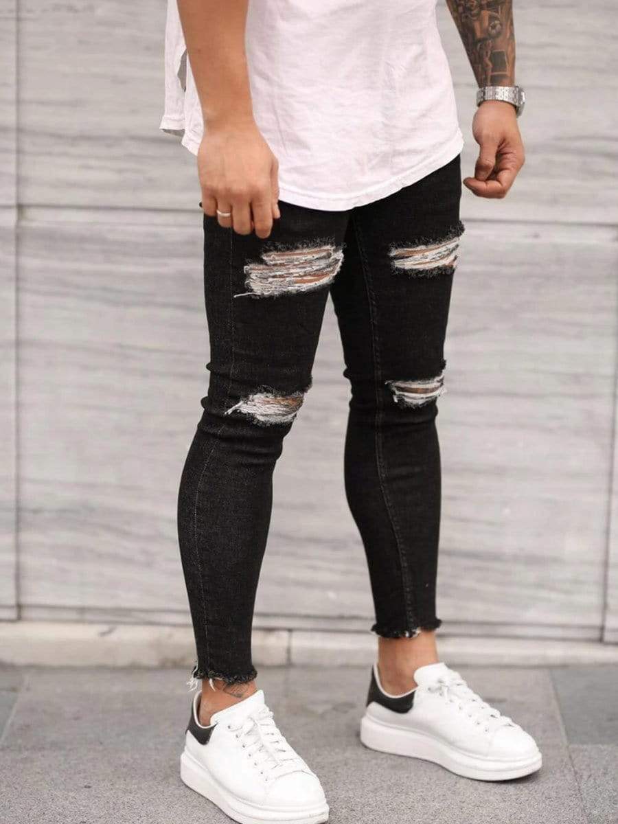 Black / S LONGBIDA Ripped Jeans Skinny Pencil Fashion Trousers For Men
