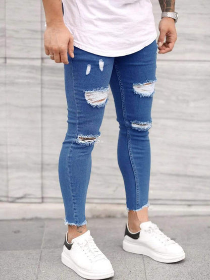 Light Blue / XXL LONGBIDA Ripped Jeans Skinny Pencil Fashion Trousers For Men