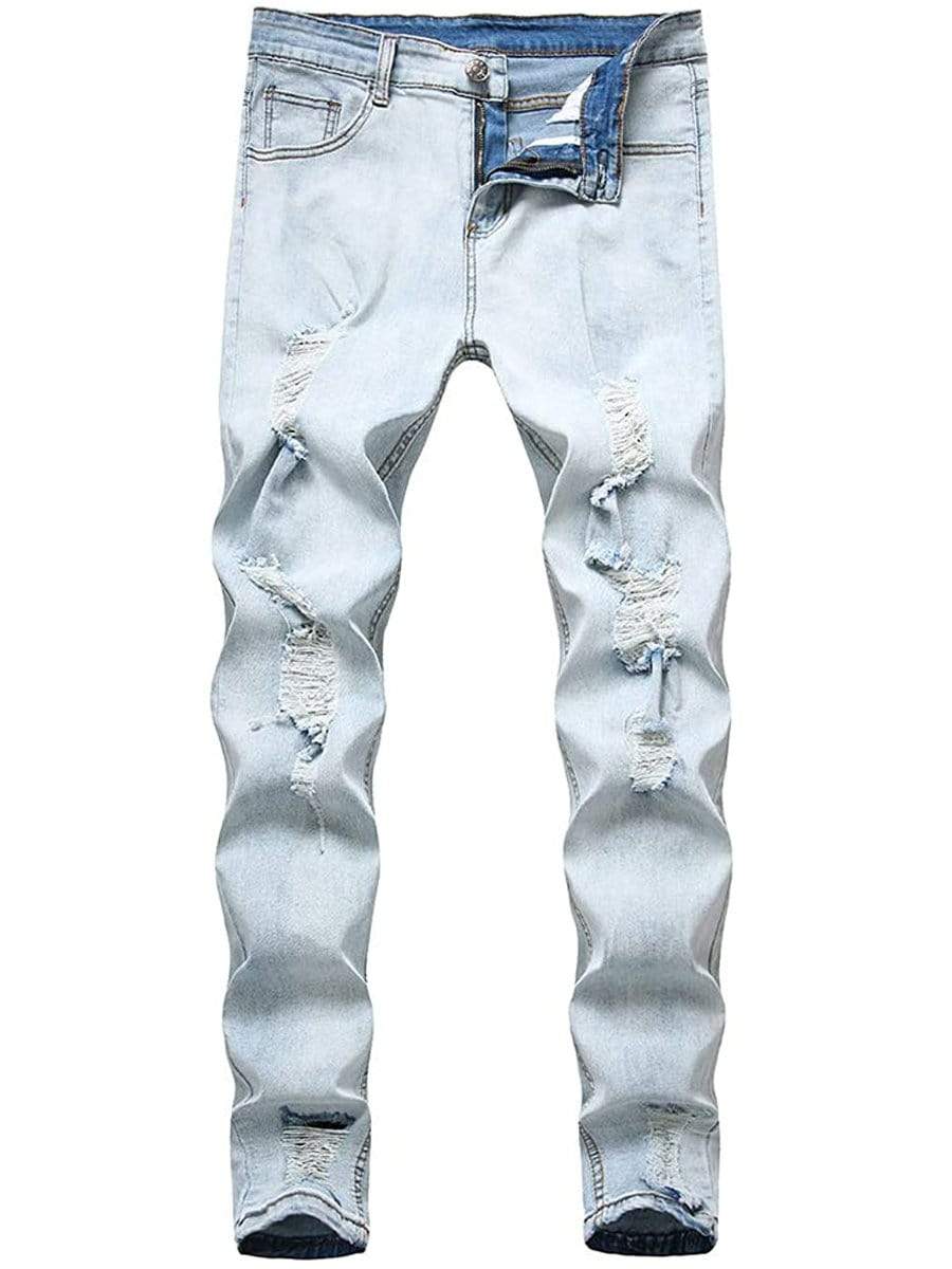 Light Blue / XXL LONGBIDA Ripped Jeans Skinny Slim Distressed For Men