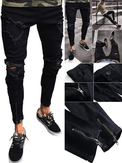 LONGBIDA Stretch Knee Ripped Black Slim Jeans Men Hip Hop Swag Elastic