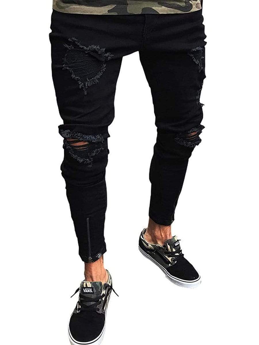 Black / S LONGBIDA Ripped Jeans Skinny Slim Fit Stretch Distressed Pants For Men