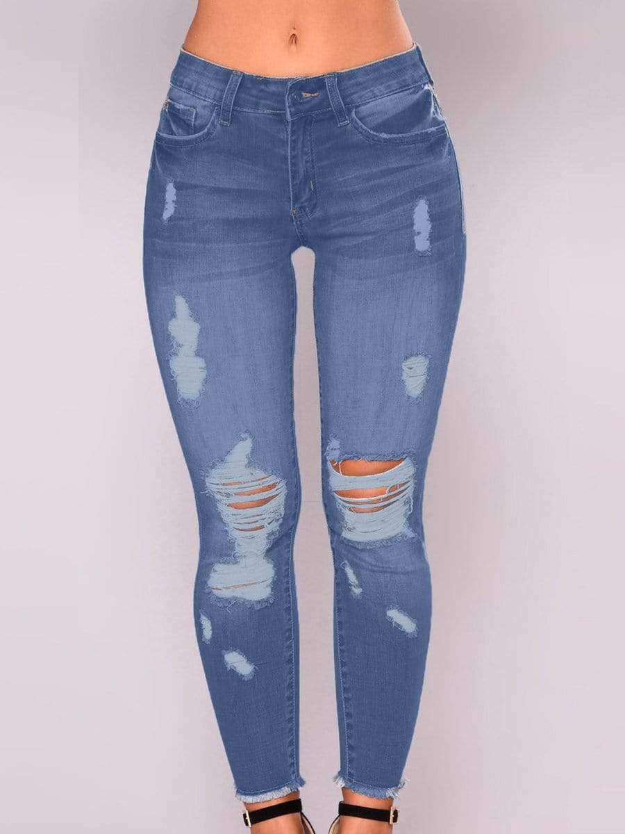 Blue / XXL LONGBIDA Ripped Jeans Skinny Street Style Sexy Stretch For Women