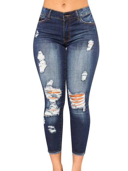 Dark Blue / XL LONGBIDA Ripped Jeans Skinny Street Style Sexy Stretch For Women