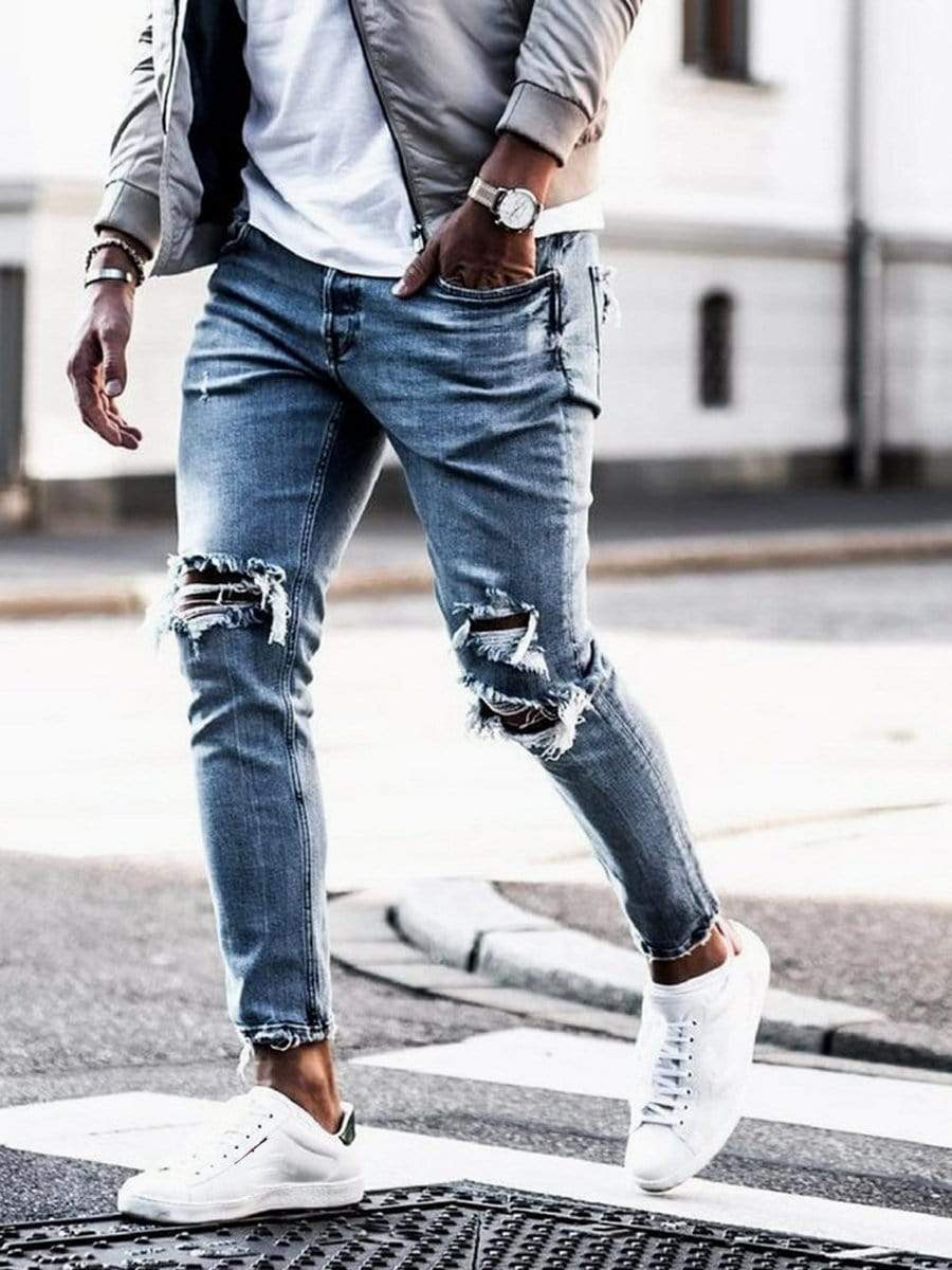 Men's Ripped Jeans,Slim Fit Distressed Straight Leg Fashion Denim Pants -  Walmart.com