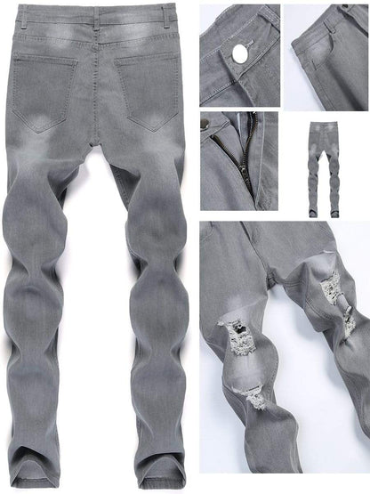 LONGBIDA Ripped Jeans Skinny Stretch Elastic Waist Patchwork Trousers For Men