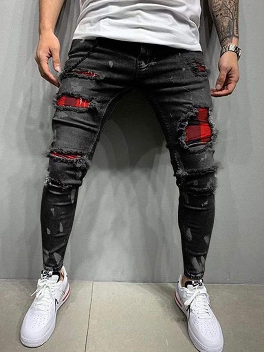 Black / S LONGBIDA Ripped Jeans Skinny Stretch Elastic Waist Patchwork Trousers For Men