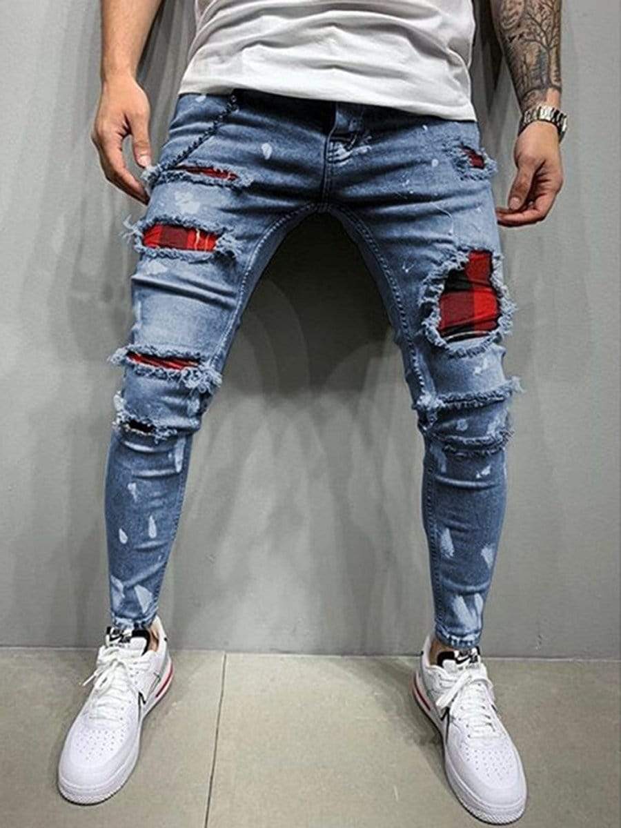 Blue / XXXL LONGBIDA Ripped Jeans Skinny Stretch Elastic Waist Patchwork Trousers For Men