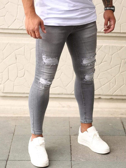 Gray / XL LONGBIDA Ripped Jeans Skinny Stretch Elastic Waist Patchwork Trousers For Men