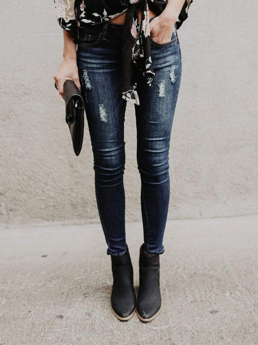 Blue / S LONGBIDA Ripped Jeans Skinny Stretch Pencil Pants Elastic Sexy For Women