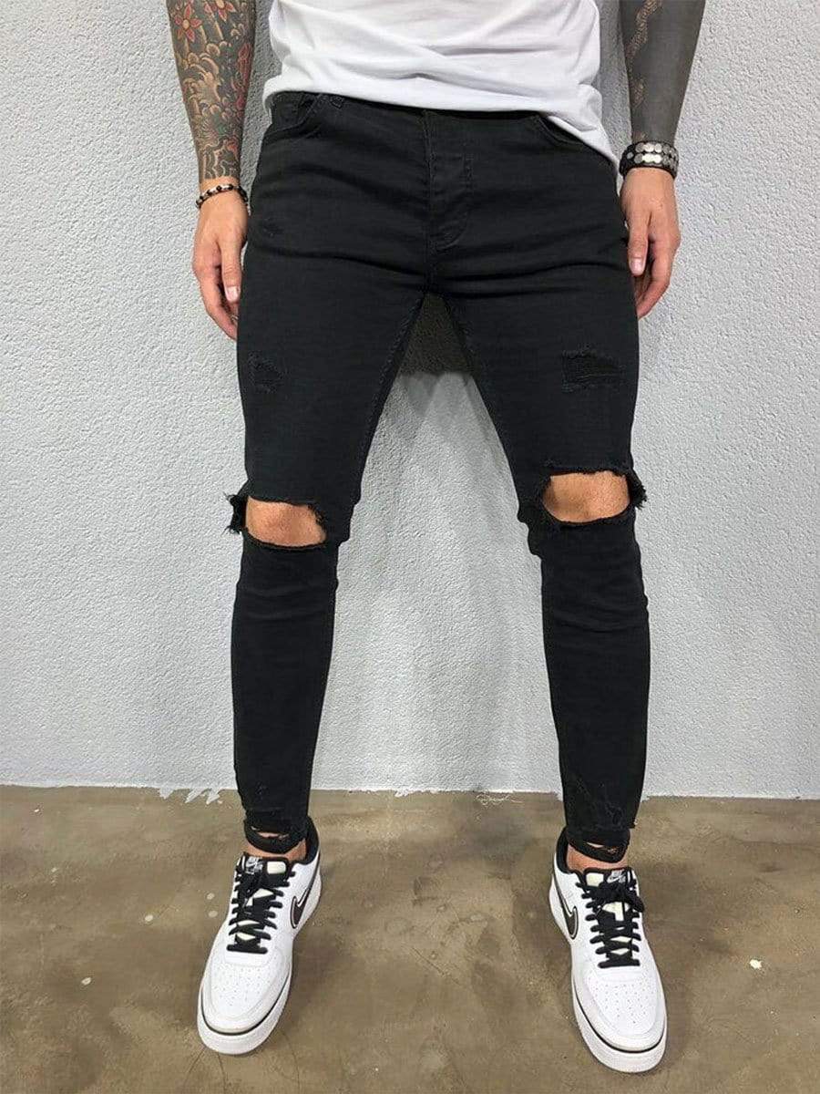 Black / 4XL LONGBIDA Ripped Jeans Skinny Stretch Trousers For Men