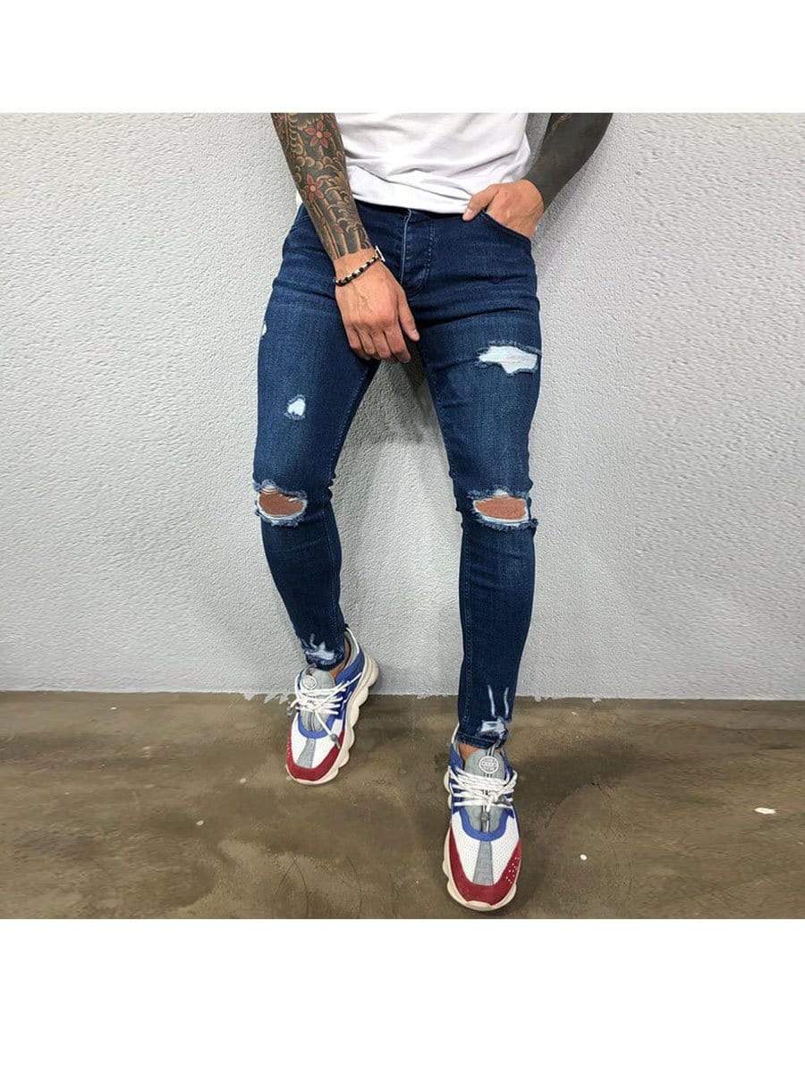 Blue / 4XL LONGBIDA Ripped Jeans Skinny Stretch Trousers For Men