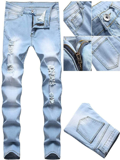 LONGBIDA Ripped Jeans Slim Fit Straight Distressed For Men