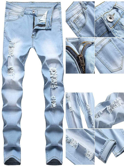 LONGBIDA Ripped Jeans Slim Fit Straight Distressed For Men