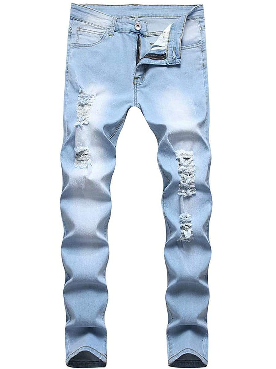 Light Blue / 30 LONGBIDA Ripped Jeans Slim Fit Straight Distressed For Men