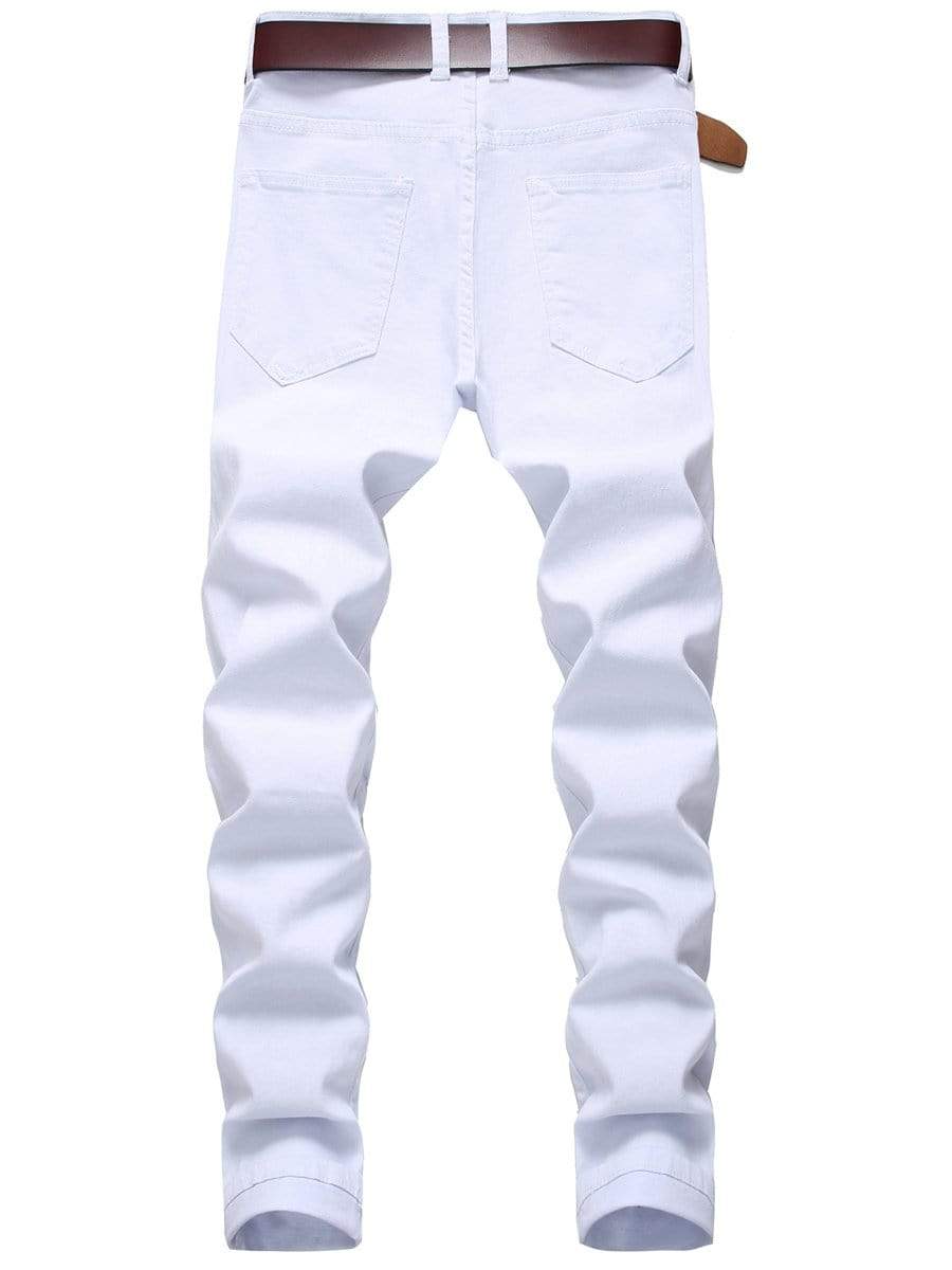 White / 42 LONGBIDA Ripped Jeans Straight Leg Casual Trousers Fashion Stretch For Men