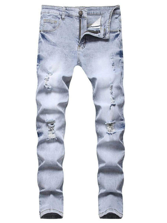 Light Blue / 30 LONGBIDA Ripped Jeans Straight Leg Casual Trousers Wind Stretch For Men