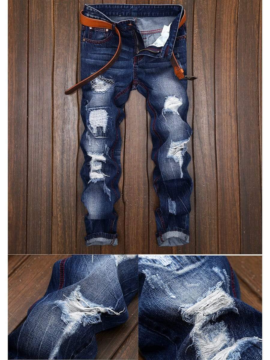 LONGBIDA Ripped Jeans Straight Leg Fashion Designer Destroyed For Men