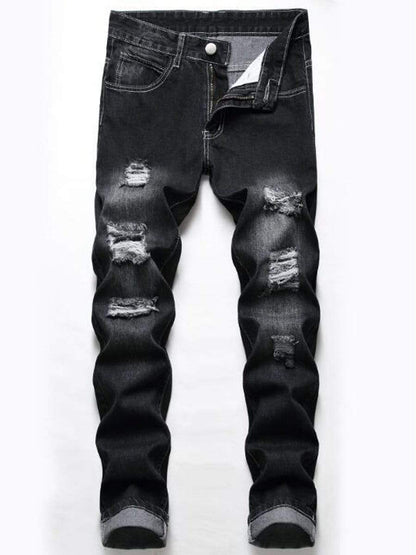 Black / 28 LONGBIDA Ripped Jeans Straight Leg High Quality Cotton Destroyed For Men
