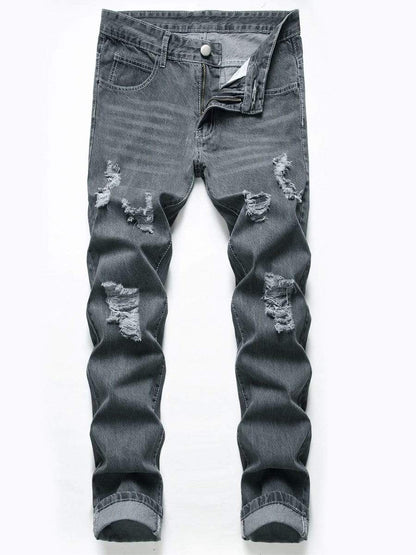 Grey / 40 LONGBIDA Ripped Jeans Straight Leg High Quality Cotton Destroyed For Men