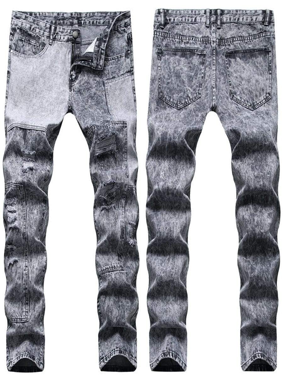LONGBIDA Ripped Jeans Straight Leg Patchwork Street Fashion Casual For Men