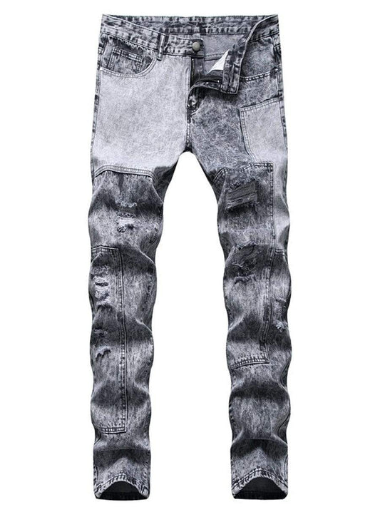 Dark Gray / 32 LONGBIDA Ripped Jeans Straight Leg Patchwork Street Fashion Casual For Men