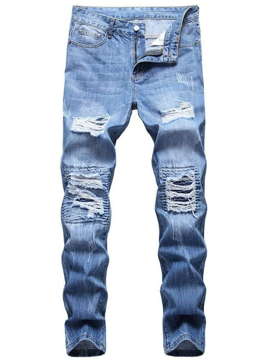 Sky Blue / 42 LONGBIDA Ripped Jeans Straight Leg Ripped Street Stretch For Men