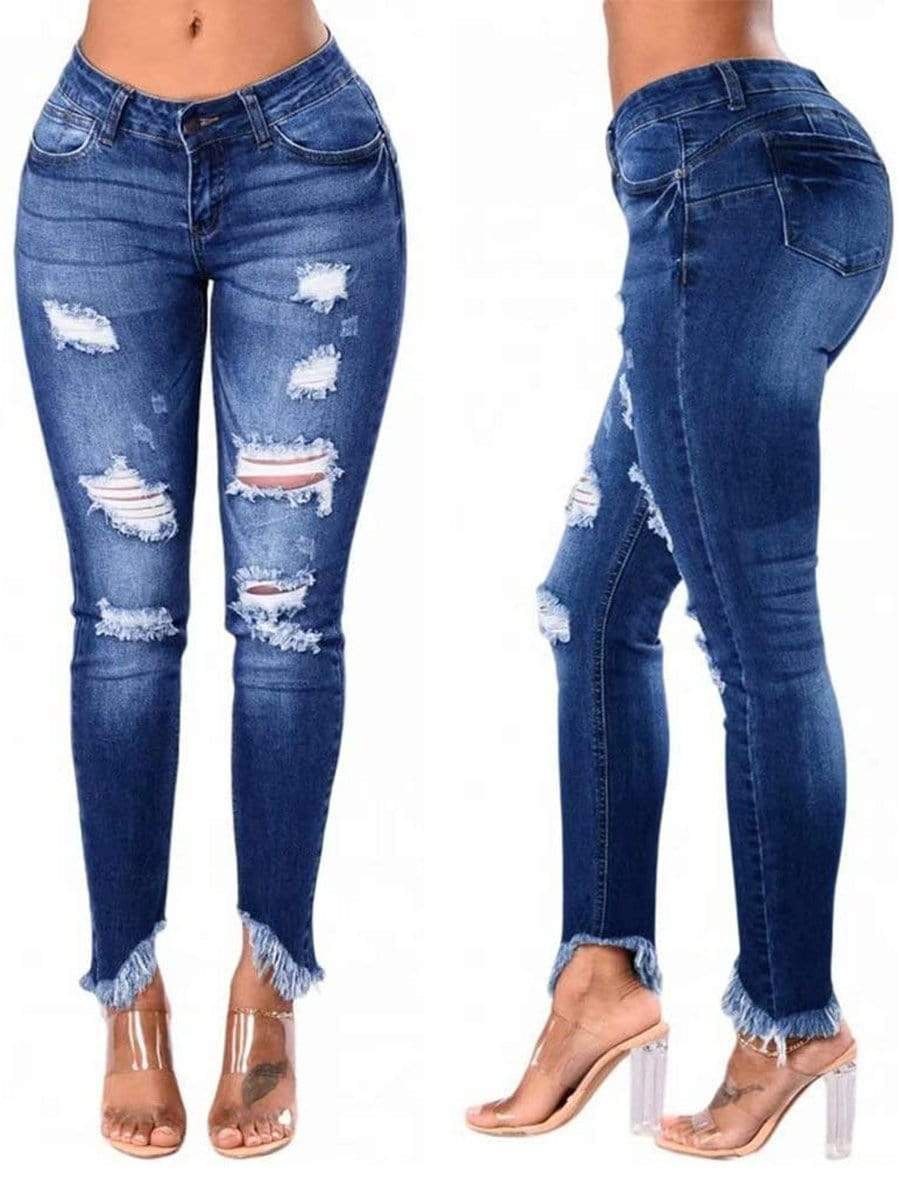 Blue / M LONGBIDA Ripped Jeans Stretch Skinny Butt Lift For Women