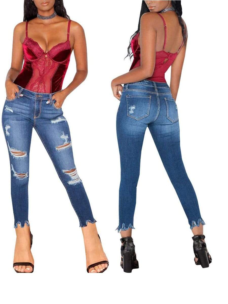 Dark Blue / XL LONGBIDA Ripped Jeans Stretch Skinny Butt Lift For Women