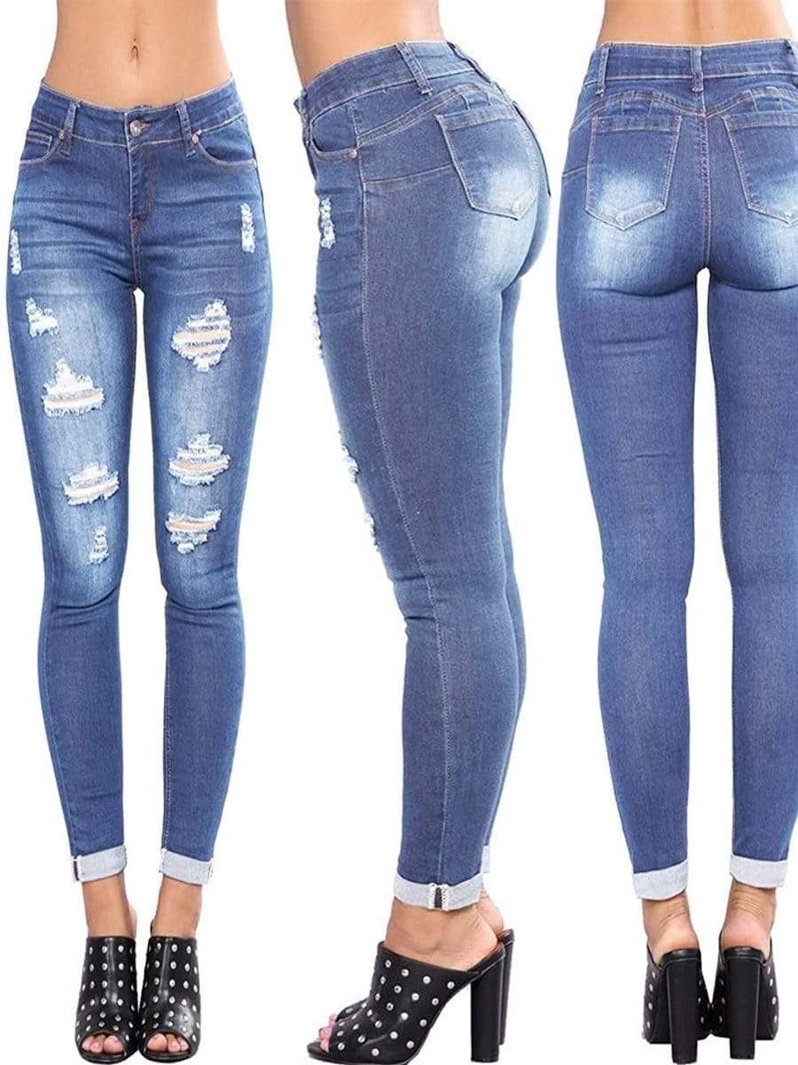 Light Blue / XL LONGBIDA Ripped Jeans Stretch Skinny Butt Lift For Women