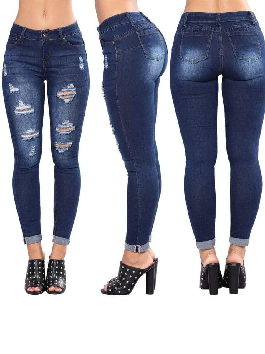 Navy Blue / XL LONGBIDA Ripped Jeans Stretch Skinny Butt Lift For Women