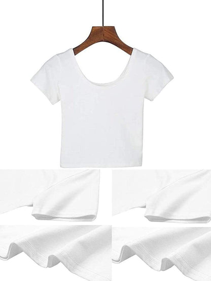 LONGBIDA Shirts Scoop Neck Basic Crop Top Solid Short Sleeve For Women