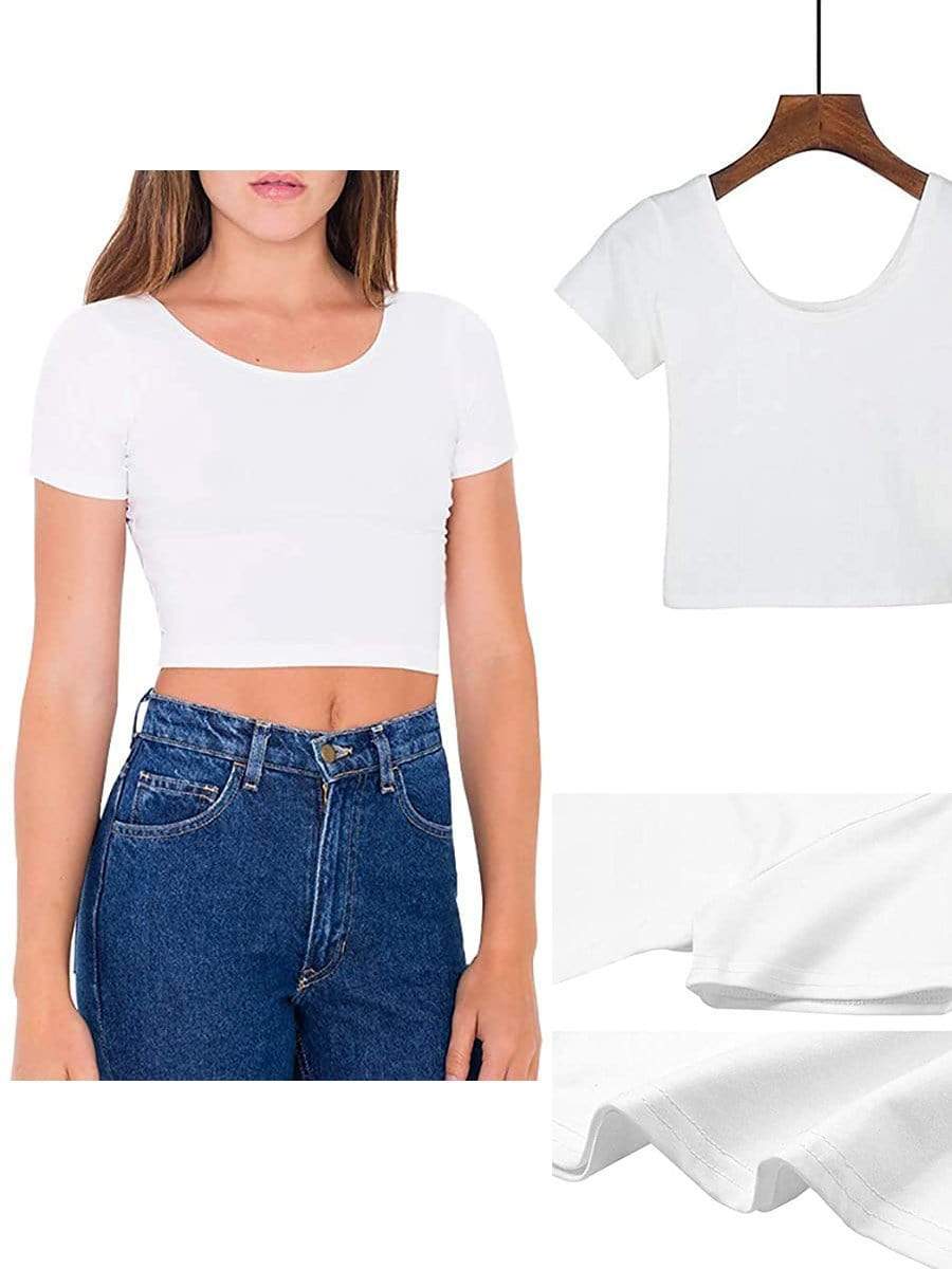 LONGBIDA Shirts Scoop Neck Basic Crop Top Solid Short Sleeve For Women