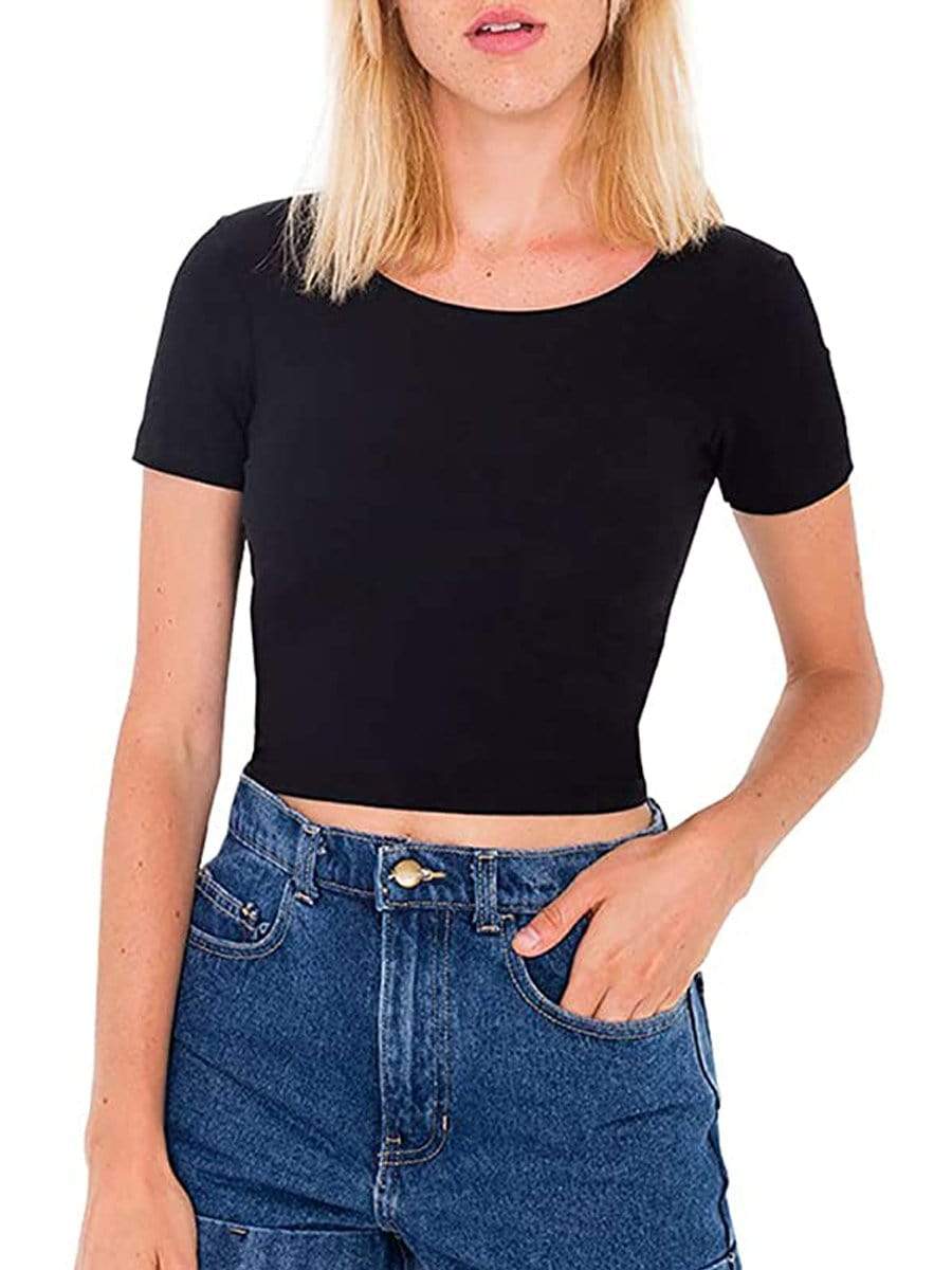 Black / XXL LONGBIDA Shirts Scoop Neck Basic Crop Top Solid Short Sleeve For Women