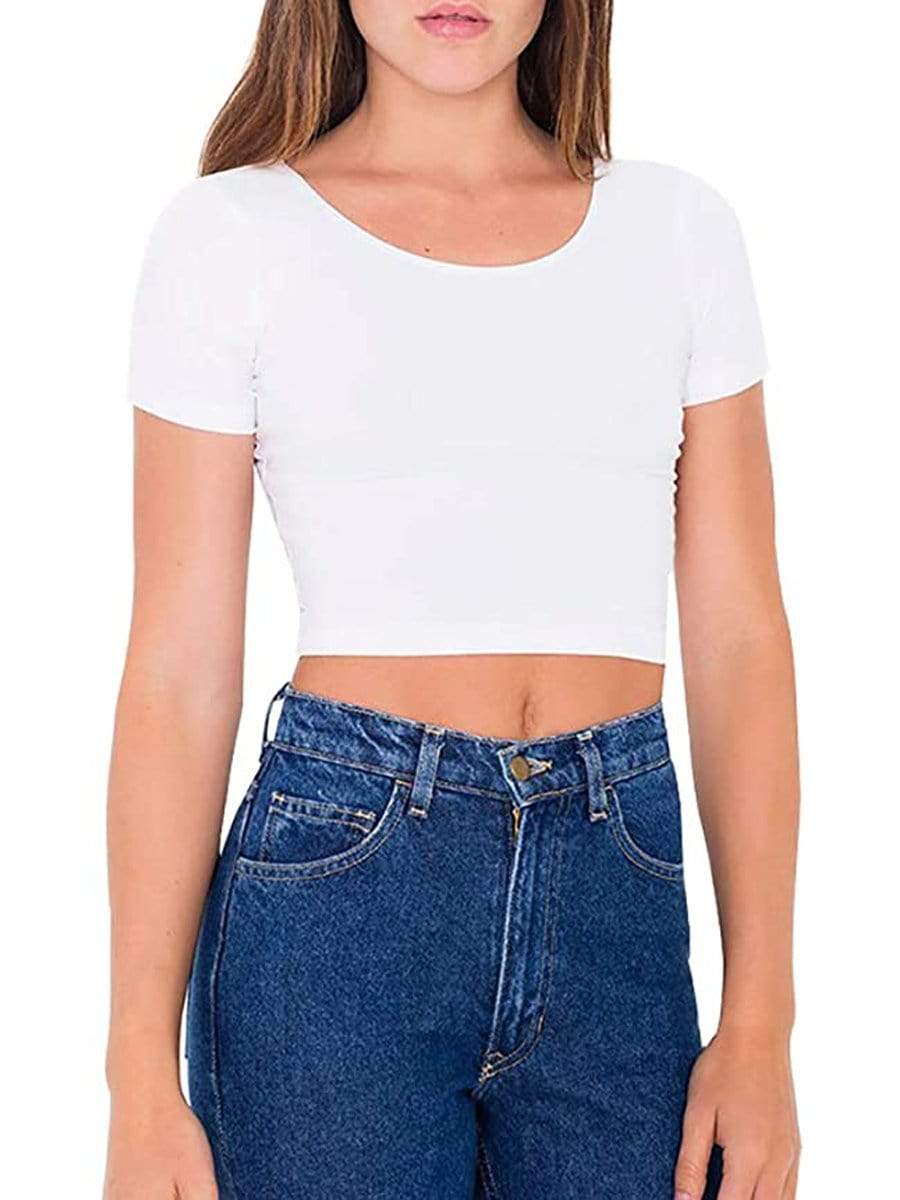 White / S LONGBIDA Shirts Scoop Neck Basic Crop Top Solid Short Sleeve For Women