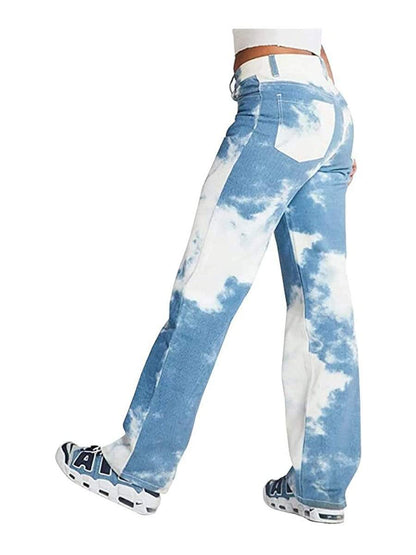 LONGBIDA Special Design Jeans Straight High Waist Wide Leg Tie Dye For Women