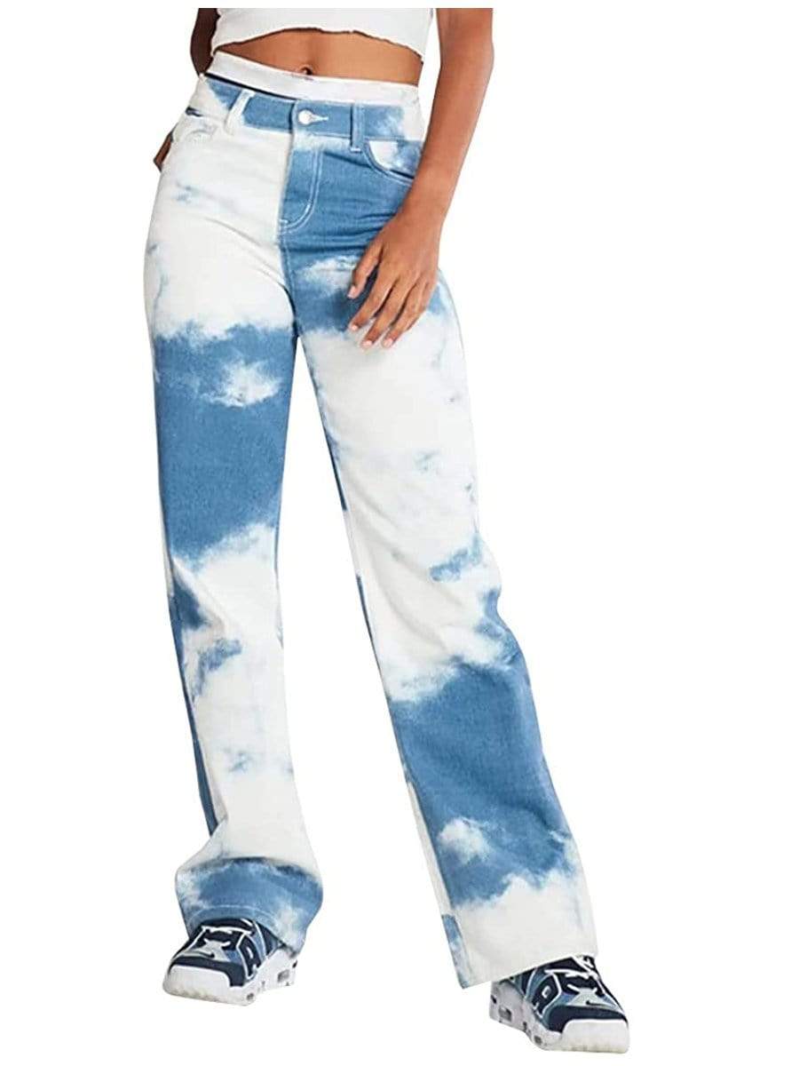 LONGBIDA Special Design Jeans Straight High Waist Wide Leg Tie Dye For Women