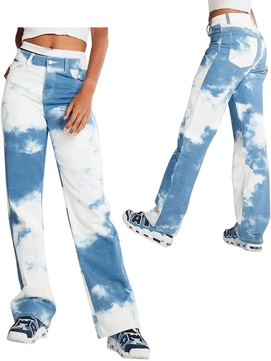 LONGBIDA Special Design Jeans Straight High Waist Wide Leg Tie Dye For Women