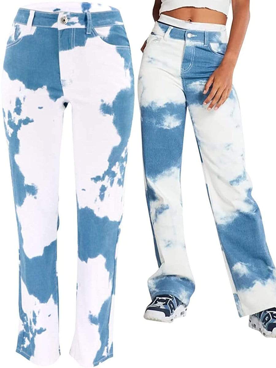 LONGBIDA Special Design Jeans Straight High Waist Wide Leg Tie Dye For Women