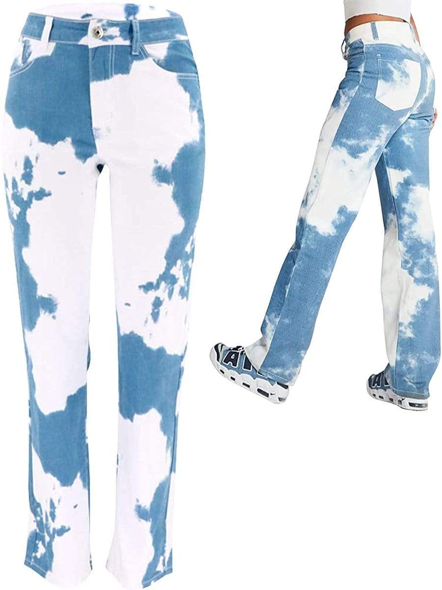 LONGBIDA Special Design Jeans Straight High Waist Wide Leg Tie Dye For Women