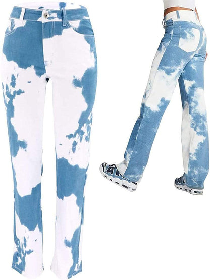 LONGBIDA Special Design Jeans Straight High Waist Wide Leg Tie Dye For Women